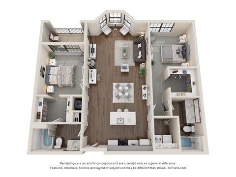 Floor plan for 2 beds, 2 baths, 1296 sqft